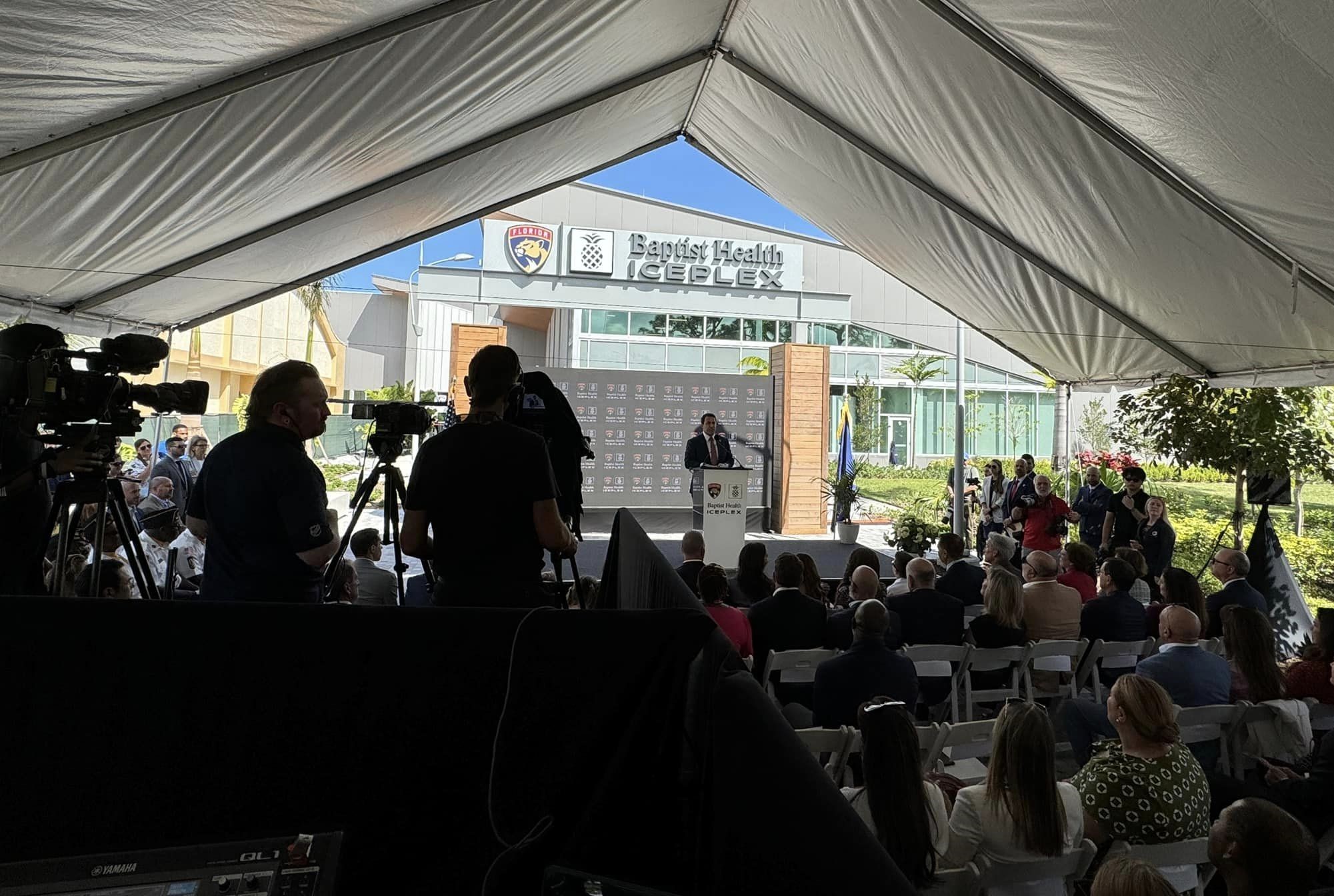 Florida Panthers ribbon-cutting ceremony at their new practice facility, FTL War Memorial. We provided lighting, audio, video monitors and a center LED wall behind the stage for the presentations by Panthers' broadcasters and ownership, along with NHL leadership