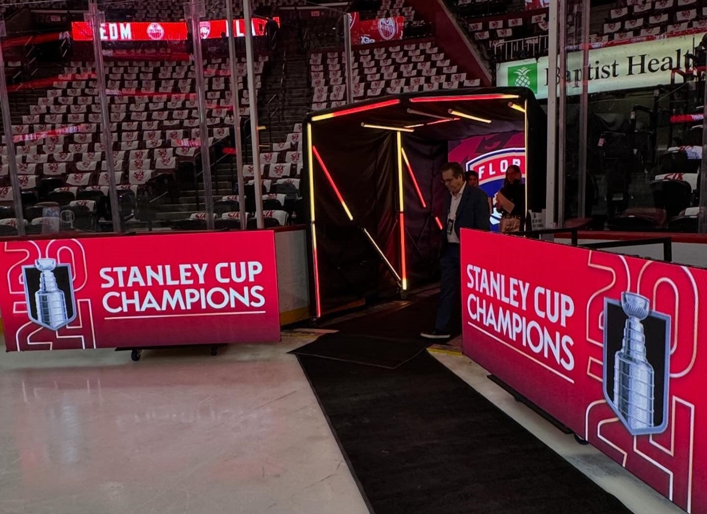 LED walls during the Florida Panthers' run to the Stanley Cup Final. These were positioned on the ice for the trophy presentation the night they won the Stanley Cup along with a custom tunnel covered with titan tube lighting.