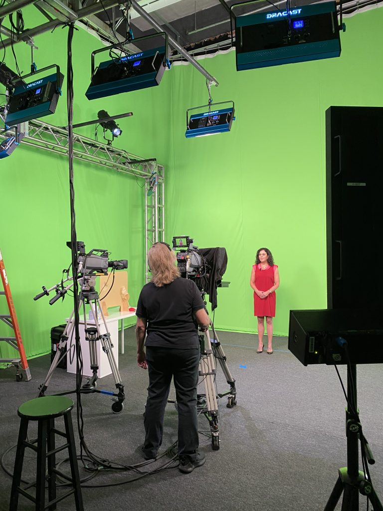 Set of media stage with green screen as background