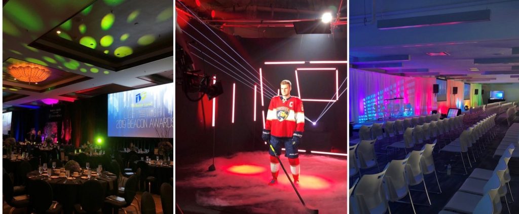 Three deferents scenes. First is a long with tables displaying a logo on the screen, second with a hockey player with a red light background, and third is a stage with colorful lights and with chairs down the stage.