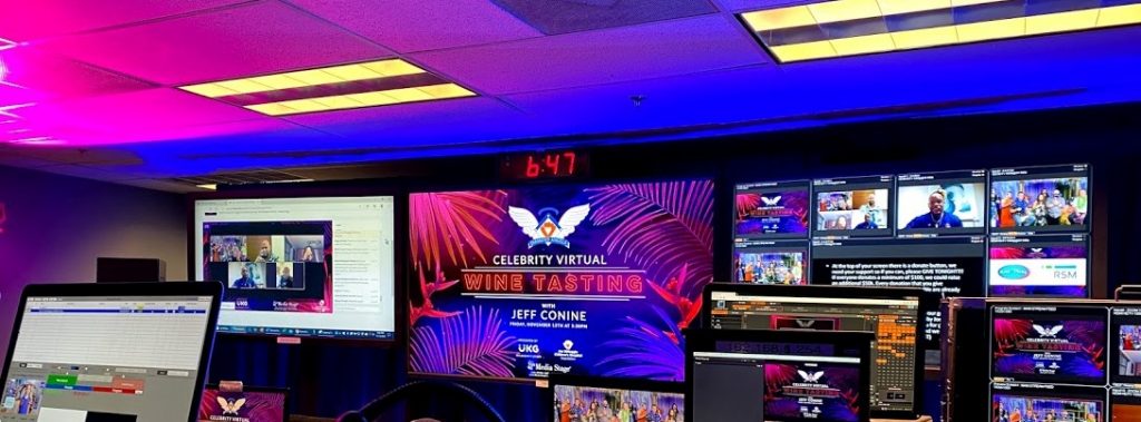 Media Stage control room with the graphics of Celebrity virtual at the screen